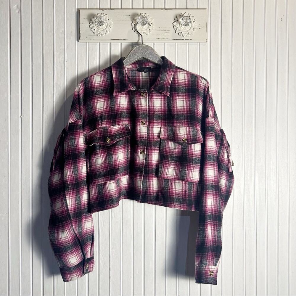 Vici Purple Black Plaid Cropped Fringe Flannel Shacket - Picture 3 of 6